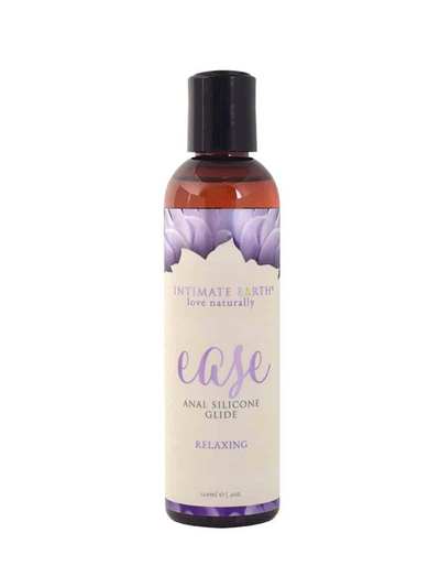 Front facing view of the product. Product is in a amber coloured bottle with a black lid. Front label is cream with lavender details with the word ease emphasized.