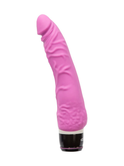 Side view of the Endless Vibe 100 Function Waterproof Silicone Vibrator. Exhibiting the veiny texture of the shaft, bulb shape head with texture of foreskin pulled back, and texture of the skin on the testicles at the base of the vibrator. Represented in the colour Pink.