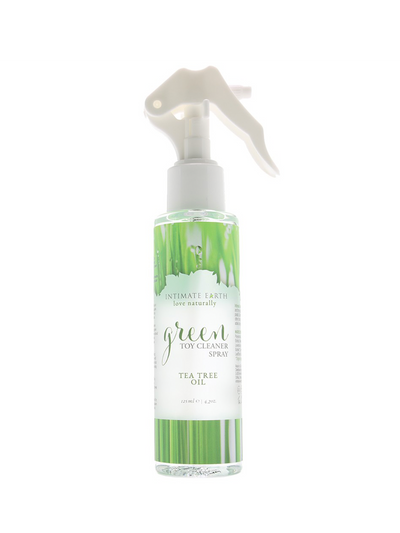 Product is stored in a clear bottle with a spray top. Label is White with Green and the words "Green Toy Cleaner Spray" emphasized.