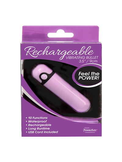 The Simple & True Rechargeable Mini Bullet in it's packaging which is purple in colour and has it's name, features, and manufacturer's name on the front.
