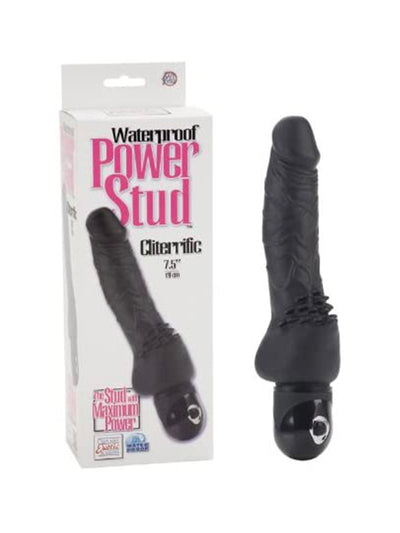The vibrator beside the box giving context to size. Demonstrating the simple white box, with pink and black wording on the box around a picture of the product. The vibrator is a front angled view showcasing the vieny shaft, pubic like hair texture at the shaft with the shape of testicles underneath, and a smaller round head at top.