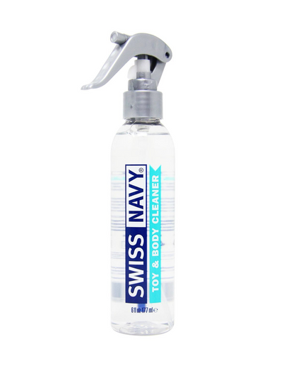 Swiss Navy Toy & Body Cleaner packaged in a clear bottle with a spray top.