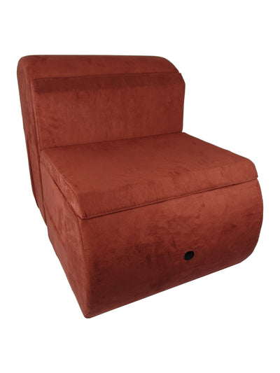 Angled front view of Thumper Lounger showcasing the front and some side of the product. Thumper Lounger seen in the colour Terracotta in the lounger formation.